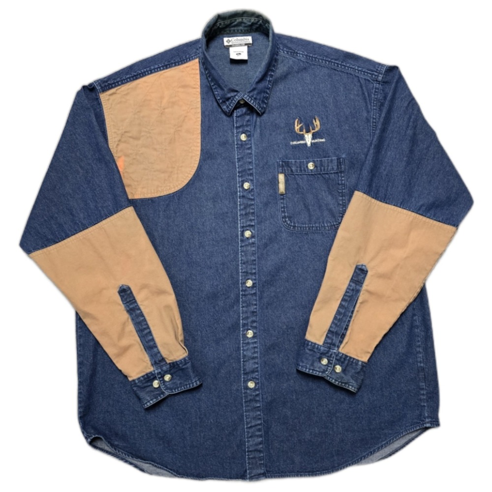 VTG Columbia Denim Shooting Shirt Mens XL Quilted Canvas Patch Hunting Fishing